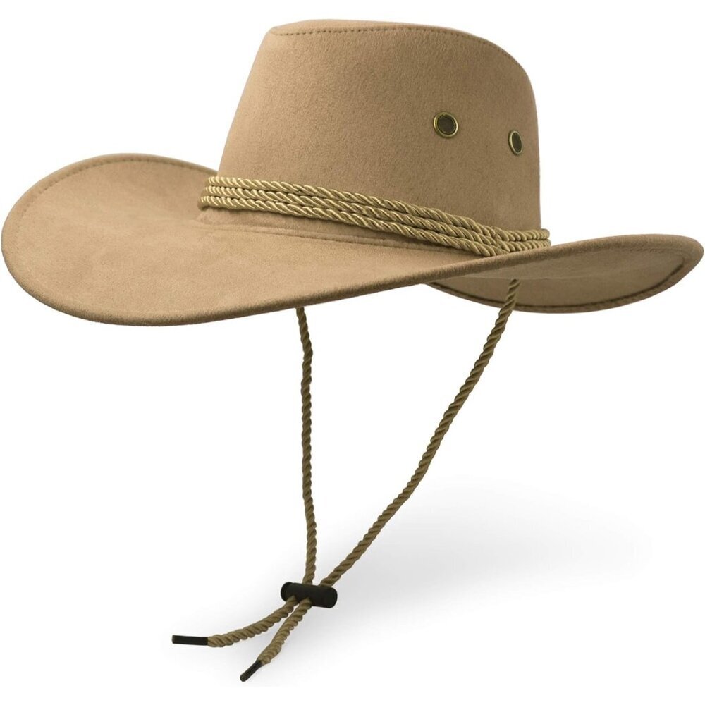 Unisex Beige Faux Wide Brim with Braided Band Chin Strap Classic Cowboy Felt Hat